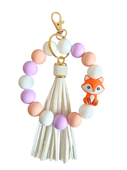 Porte-clé perles rose et blanc avec renard – création colorée