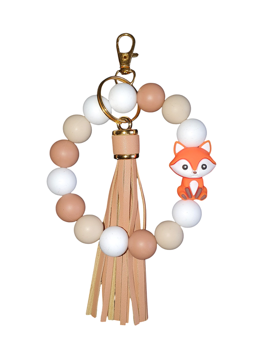 Porte-clé perles beige, crème et marron avec renard – tons chauds