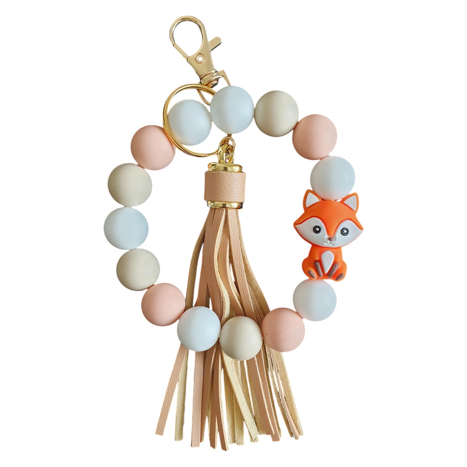 Porte-clé perles beige rosé avec renard – accessoire doux et élégant