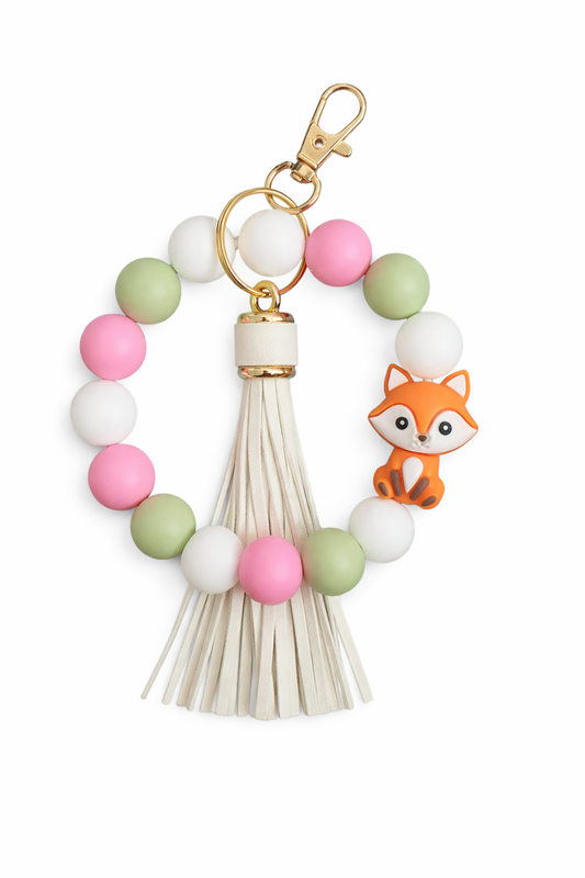 Porte-clé perles vert et rose pastel avec renard – style naturel